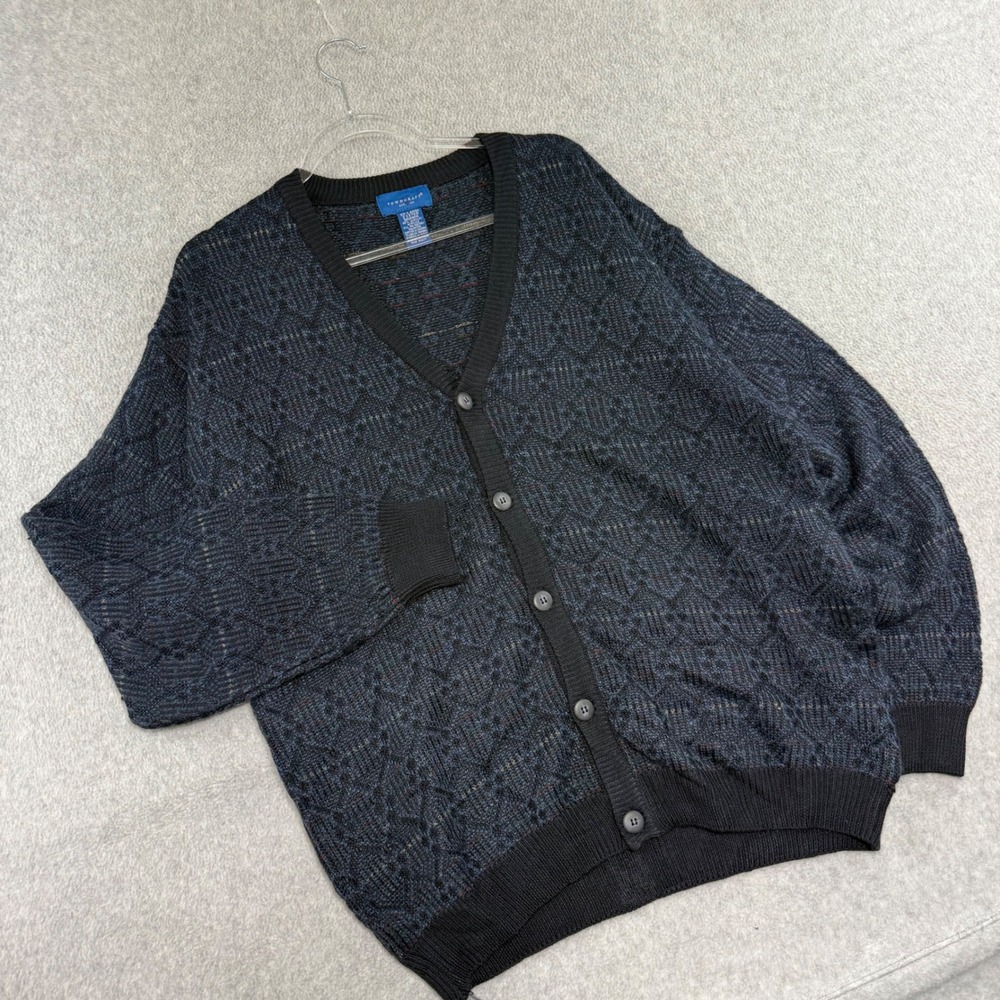 Vintage 90s Cardigan Sweater Mens XXL Black Blue Geometric Knit V-Neck Vintage
